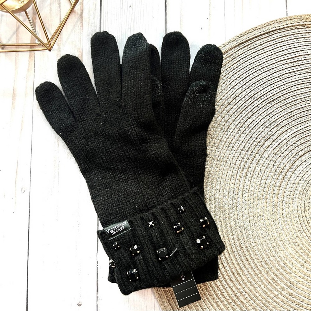 VICTORIA'S SECRET BLACK BLING GEM SPARKLE KNIT SOFT GLOVES MITTENS Tech … - Picture 2 of 5